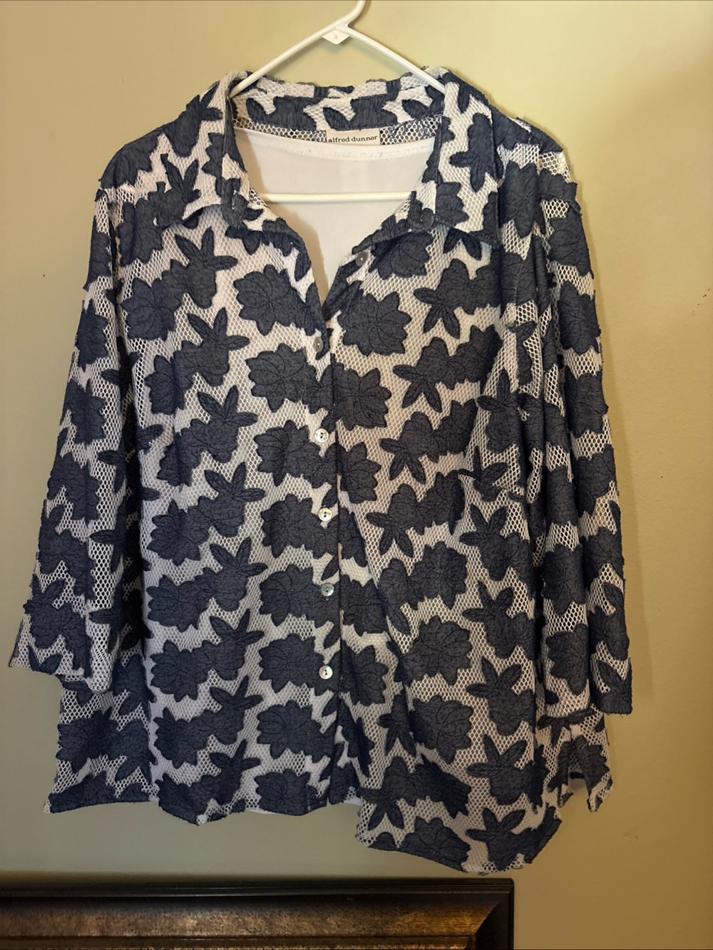 Alfred Dunner White Button-Front Top with Navy Floral Appliqué